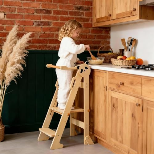 Bright Panda Montessori Foldable Learning Tower - 3-Level Adjustable Toddler Tower with Anti-Tipping Feet, Ultra-Stable with Thicker 1.8cm Birth Plywood, Includes Montessori Wooden Knife (Beige)