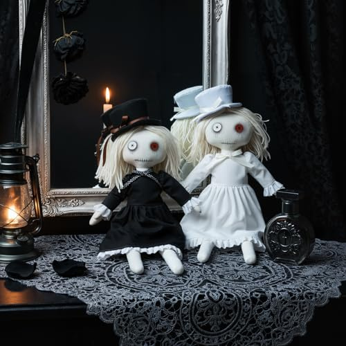 Claofoc 2 teiliges Gespensterbraut-Puppen-Set Einzigartiges, gruseliges Design Schwarze und weiße Hochzeitskleider | Perfekte Halloween-Dekoration Handgefertigt Gruselige Puppensammlung (2er-Set A)