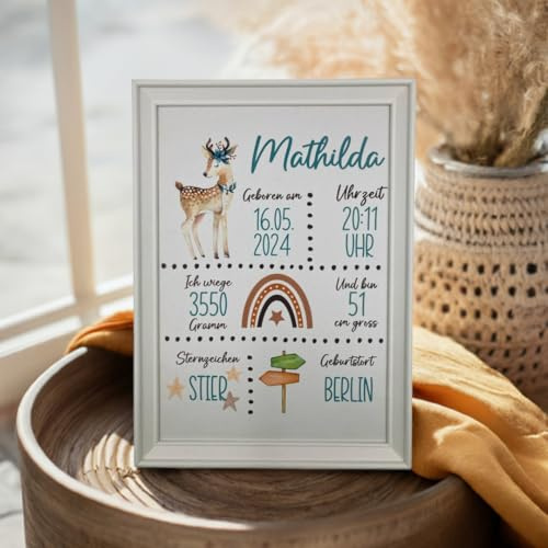 LaserGrote Bilderrahmen mit Geburtsdaten (Reh, Weiß, 21 x 30)