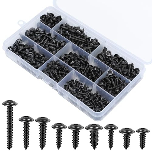 400 Pcs Self Tapping Screws, M3 M3.5 M4 M5 Phillips Pan Head Self Drilling Screws Assortment with Washers Head, Black Self Tapping Screws for Wood Metal Plastic DIY Repair