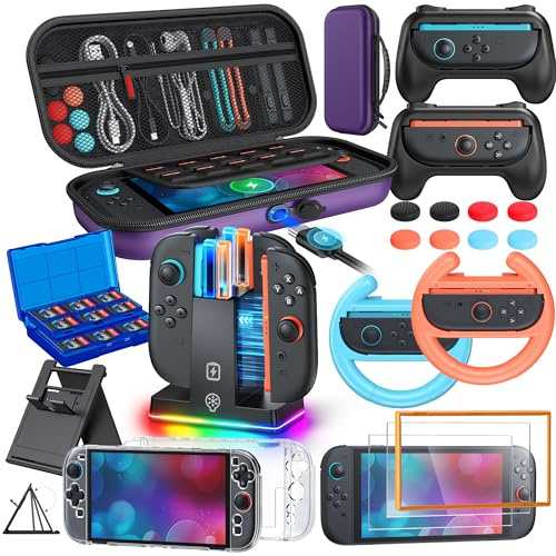WAXITY Tasche Zubehör Bundle für Nintendo Switch 2, 23-in-1 [Aufladen im Inneren] Reisetasche Tragetasche Set für Switch 2 mit Case, Ladestation, Schutzhülle, Griffe für Joycon(Violett)