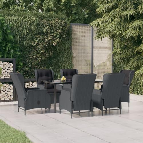 Runheo 7-TLG. Garten-Essgruppe Dunkelgrau Poly Rattan, verstellbare Stühle, wetterfestes Outdoor Möbel Set mit Glastisch für Terrasse, Balkon