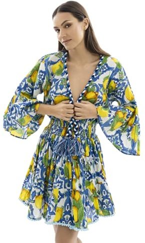 DIVINA Italian Design Vestito Lungo Estivo Donna, Cotone, Blu con Stampa Limoni, Scollo a V - Vest 175 - T02 (Design 49 bis)