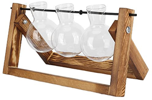 MasYosh Terrarium de Vase en Verre avec Support en Bois, Support de Plante de Style Vintage pour la Décoration de la Maison et du Bureau, Matériau en Pin (Casier rétro + Trois Bouteilles)