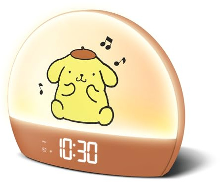 Hello Kitty Pompompurin Sunrise Alarm Clock for Kids, USB Powered Digital Clock with Night Light, 6 Color Modes, RGB Light, Time Date and Temperature Display, Bedside Table Clock for Bedroom Decor