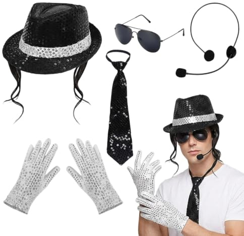 PWCTNT 5 Stück Rockstar Cosplay Kostüm, Retro 80er 90er Musik Fan Verkleidung, Hut Handschuhe Brille Krawatte Headset, Halloween Party Cosplay Musik Veranstaltungen Tanzaufführungen