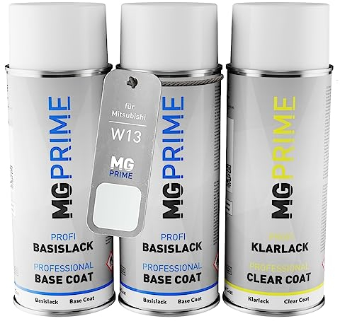MG PRIME Autolack Sprühdosen Set für Mitsubishi W13 Diamond White Pearl/Perlmutt Weiss Grundlack Basislack Klarlack Spraydose 400ml