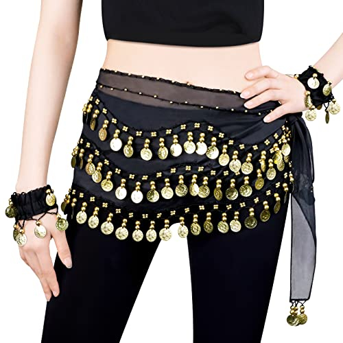 LZYMSZ Bauchtanz Hüfttücher, Frauen Bauchtanz Röcke mit 128 Goldmünzen, Mädchen Chiffon Bauchtanz Taille Kostüm Gürtel mit Armbänder für Karneval Samba Latina Zumba Yoga Klasse Leistung (Black)