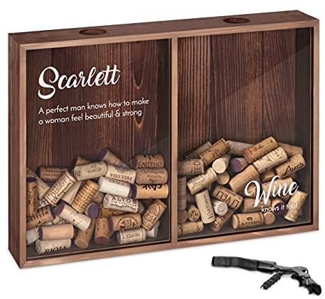 Maverton Cork & Bottle Caps Collector - Mounted Wooden Box with a Transparent lid - Corkscrew and Bottle Opener Attached - Personalised Gift for Men and Women - Wine
