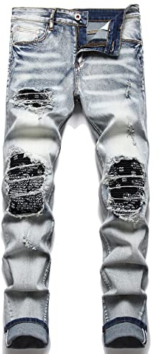 OIIIO Men's Patch Ripped Stretch Regular Fit Jean, Vintage Blue-6606, 32