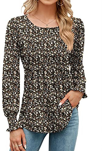 Rapbin Women Long Sleeve Tops Pleated Tunic Shirt Loose T-Shirt O Neck Blouses Floral Pleated Longine Shirts for Ladies Black Printed L