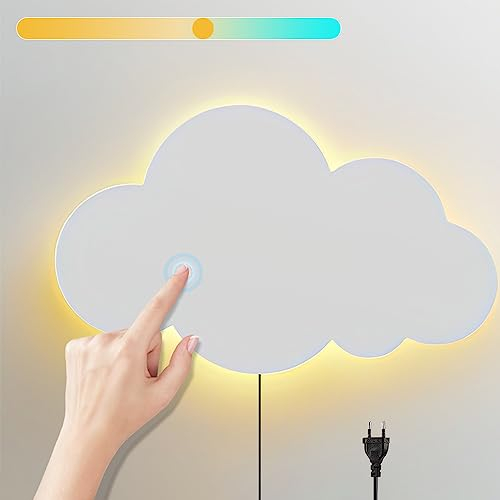 Wandleuchte mit Touch Schalter Innen Kinderzimmer Wandlampe LED 3 Farben Einstellbar Nachttischlampe Wolken Design Leselampe Wandbeleuchtung mit Stecker für Babyzimmer Schlafzimmer Wohnzimmer, Weiß