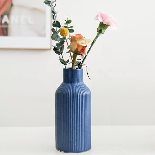 Hanaomaoyi 20cm Ceramic Vase Blue Matte Round Modern Design, Boho Vase for Aesthetic Decoration, Flower Vase for Living Room, Bedroom Decoration, Simple Nordic Style (Blue)
