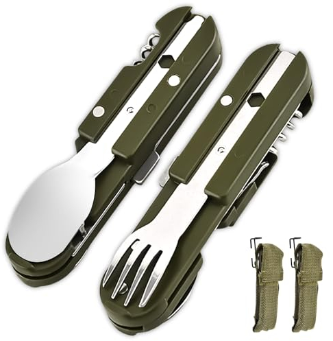 Juego de 2 Cubiertos Plegables para Camping 5 en 1 - Acero Inoxidable con Abrebotellas - Cuchillo, Tenedor, Cuchara Portátiles