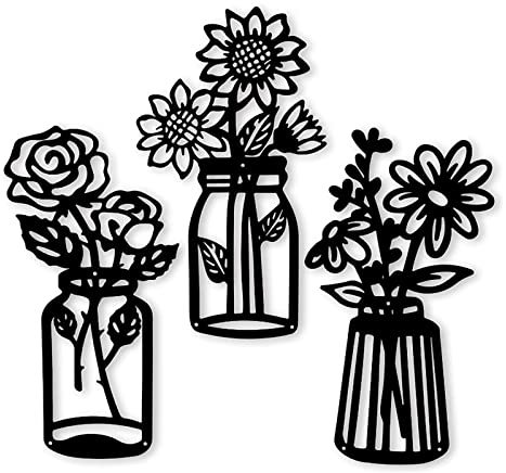 TOWEBOORY 3 Pieces Metal Flowers Wall Decor, Black Metal Wall Art Minimalist Vase Wall Art Sunflower Roses Daisy Wire Iron Decor Kitchen Wall Art for Living Room Kitchen Bathroom