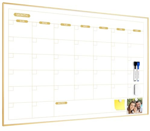 ARCOBIS Trockenlöschbarer Kalender für die Wand, 90 x 60 cm, magnetischer, monatlicher Whiteboard-Kalender, trocken abwischbarer, tragbarer hängender Whiteboard-Planer für To-Do-Liste, Gold