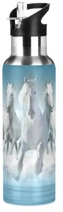 Bouteille d'eau avec paille anti-fuite - Bouteille d'eau chaude à l'aquarelle - Chevaux - Bouteille isotherme pour filles et garçons - 600 ml