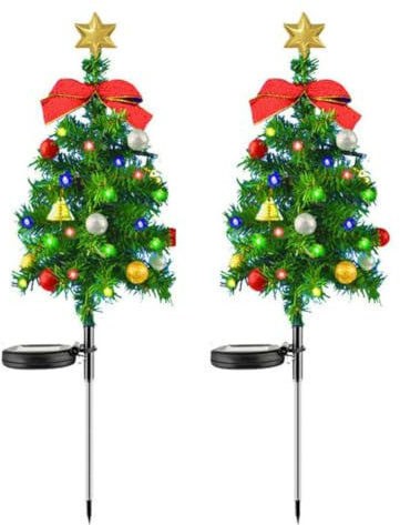 Mrinb 2pcs Christmas Solar Lights Outdoor Garden, Christmas Tree Shaped Fairy Lights with Bow and Bell, IP65 Waterproof Christmas Lights Outside, Xmas Decorations