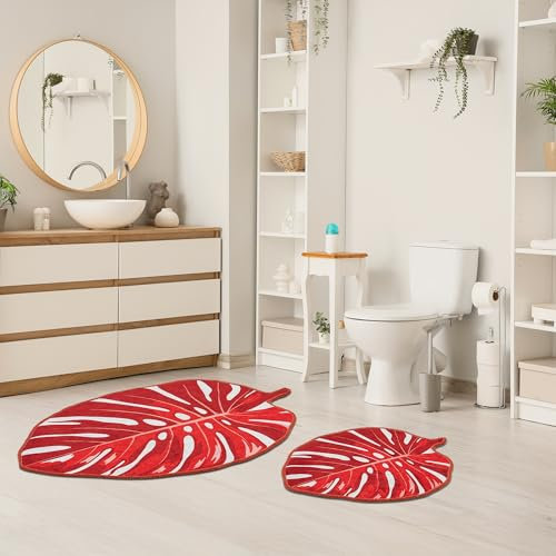 miqna Monstera Blatt Badematte Set 2 teilig rutschfeste Badteppich Set waschbar Badezimmerteppich Set Orange (Lapel Orange, 60 x 100 cm - 50 x 60 cm)