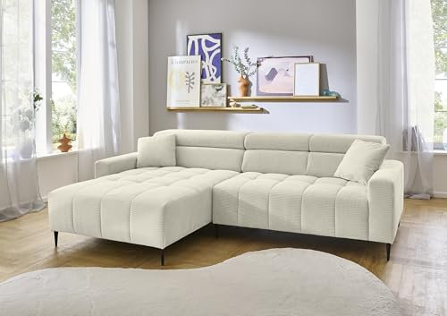 Wohnlandschaft >Stanislaw< in creme, Ottomane links, elektrische Sitztiefenverstellung, Metallfüße schwarz gepulvert, Nosagunterfederung, Polyätherschaum, inkl. 2 Zierkissen, 256x78-100x180 cm (BxHxT)