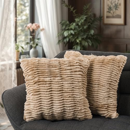 Paco Home 2er Set Dekokissen Kissenbezug Deko Wohnzimmer Sofakissen Kissen Aesthetic Kissenhülle Einfarbig Waschbar, Farbe:Beige, Sets:2pcs-Set