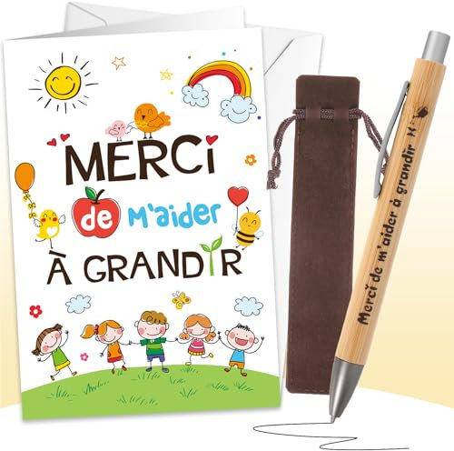 DPKOW Original Merci Cadeau Fin Année Scolaire, Merci Carte avec Enveloppe Stylo Remerciement Cadeau pour École Maternelle ATSEM Enseignant AESH Crèche Nounou Cadeau Merci de m'Aider à Grandir
