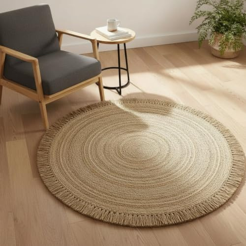 FURNISHFUL FINESSE Handgewebter runder Teppich aus natürlicher Jute – für Eingangsbereich, Küche, Wohnzimmer | Dekorativer Bauernhaus-Bodenteppich für drinnen und draußen – (4 Füße)