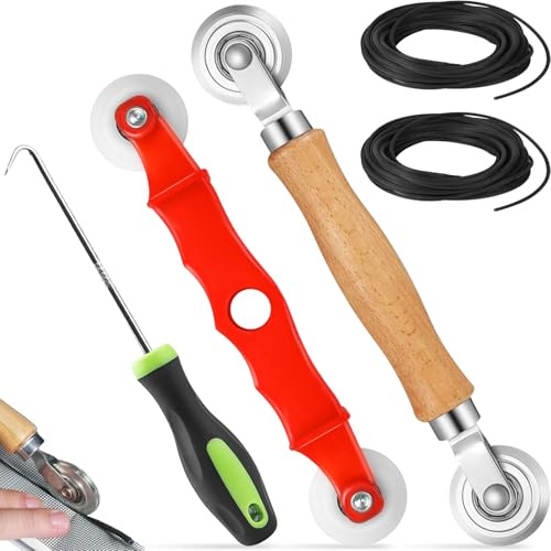 5Pcs Attrezzi Finestra Schermo Rotolamento con Maniglia Legno & 20M Nastro Cordino Gomma, Strumento Ricambio Rullo Scanalatura Estrattore Ruota Zanzariere,Gancio di Rotella Garza Rete Zanzariera Porta
