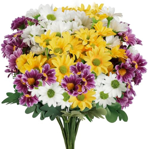 IMIYOKU Artificial Flowers, 6 Bundles in 3 Colors Faux Silk Daisy Flowers for Outdoor and Indoor, UV Resistant Fake Artificial Flower for Vase, Graves Garden Hanging Planter Home Outside Decor