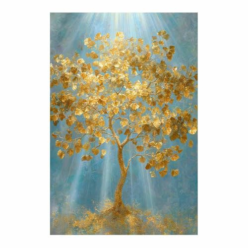 HOQIU quadri moderni Sfondo turchese d'albero dorato albero della vita quadri, Quadri in tela, per cucina, soggiorno e bagno(Multicolore)-80x120cm Non incorniciato
