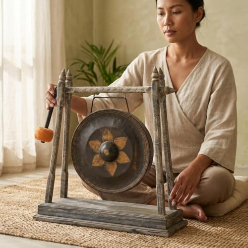 Kinaree Tempel Gong XL Bronze mit Schlegel – Asiatischer Gong aus Thailand – Handgefertigter Buddha Gong mit Holzgestell – Meditation Feng Shui Deko