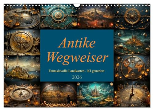 Antike Wegweiser (Wandkalender 2026 DIN A3 quer), CALVENDO Monatskalender: Fantasievolle Landkarten und geheimnisvolle Symbole - Abenteuer KI generiert (CALVENDO Wissenschaft)