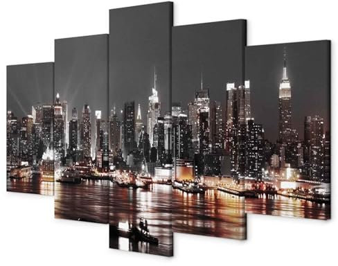 B&D XXL - Tableau décoratif ville 100x50 cm - Impression sur toile colorée - Décoration murale pour salon et chambre - Gris beige - Ville architecture urbain nuit new york d-A-0022-b-p