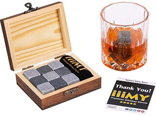 iiiMY Set von 9 Whisky Steine Geschenk Natur Speckstein und Granit Chillen Felsen mit stilvolle Holzkiste und freie Samt Tasche