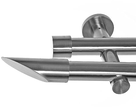 BASIT Gardinenstange Edelstahllook 20mm 2-läufig Wand 180cm lang H41 | Gardinenstangenset doppelläufig Wandmontage Metall Vorhangstange Wandhalterung 120-600cm wählbar Kappe Schräge E32