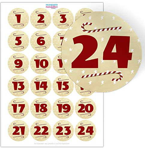 Adventskalender-Zahlen Aufkleber 1 bis 24 / Große Zahlen Vintage/Etiketten/Sticker/Weihnachtskalender/Advent/Rund/DIY/zum Aufkleben