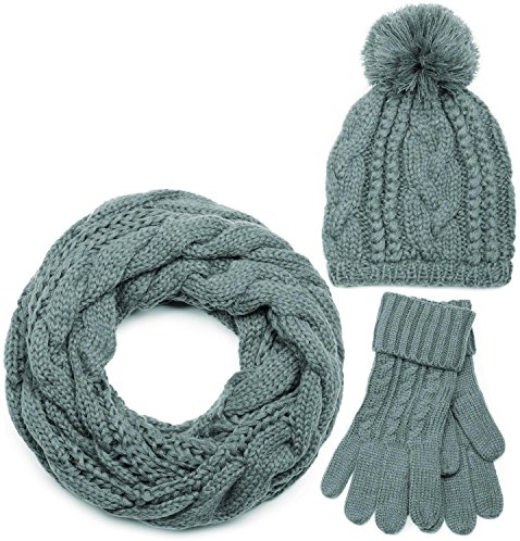 styleBREAKER Schal, Mütze und Handschuh Set, Zopfmuster Strickschal mit Bommelmütze und Handschuhe, Damen 01018208, Farbe::Grau / Loop Schlauchschal (One Size)