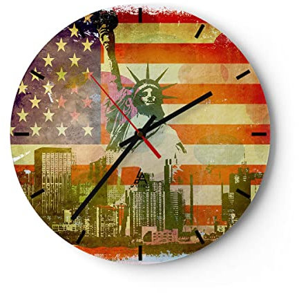 Modern Wanduhr Symbol USA Freiheit 30x30cm Rund Klein Wand Uhr Glas Analog Zimmeruhren Küche Büro Wohnzimmer Glasuhr Wall Clock Dekoration Design Wanddekoration Küchenuhr C3AR30x30-2543