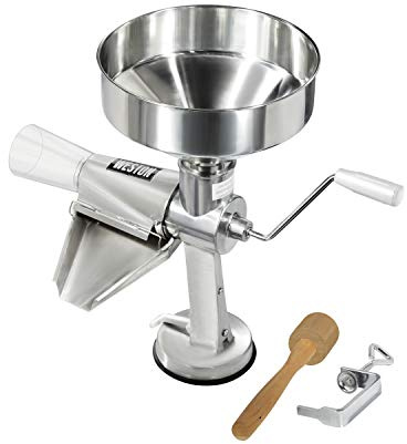 Weston 07-1201-W Metal Tomato Strainer, Stainless Steel | Dual Mount System Attaches To Many Surfaces | Splash Guard | Includes Stomper and 1.5mm Screen | Stainless Steel | 07-1201-W