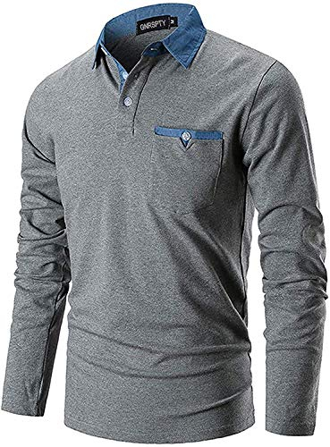 GNRSPTY Poloshirt Herren Langarmshirt Basic Polohemd Denim Nähen Casual Baumwolle Golf Tennis T-Shirt,Grau,XXL