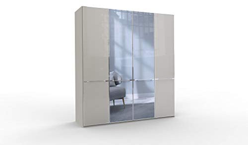 WIEMANN Montreal Kleiderschrank, Schlafzimmerschrank, Drehtürenschrank mit Spiegel, Breite 200 cm, 4 türig, Grau, Glas Kieselgrau, Griffe Chrom, B/H/T 200x216x58 cm