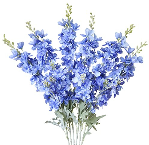 MINYULUA 6pcs Artificial Delphinium Flowers Blue Silk Larkspur Flowers Faux Snapdragon Long Stem Fake Plant Spray Arrangement for Home Office Garden Wedding Table Vase Decor (Blue)