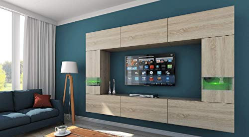 Furnitech Wohnwand Wohnzimmer - Wohnzimmer Möbel mit LED Blau - Hängend Wohnwand Modern - Wohnzimmer Schrankwand mit Regale und TV Schrank (Future 29/M/S/4 1A)
