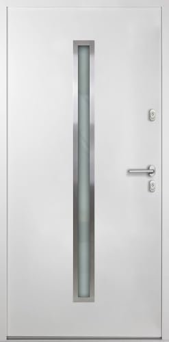 kuporta Haustür Nebeneingangstür Nele 100x207cm DIN rechts – Kellertür aus massivem Stahl mit Tresorbolzen, Wärmedämmfüllung, verstellbaren Bändern und Aushebelsicherung - Weiß | 2x Drücker