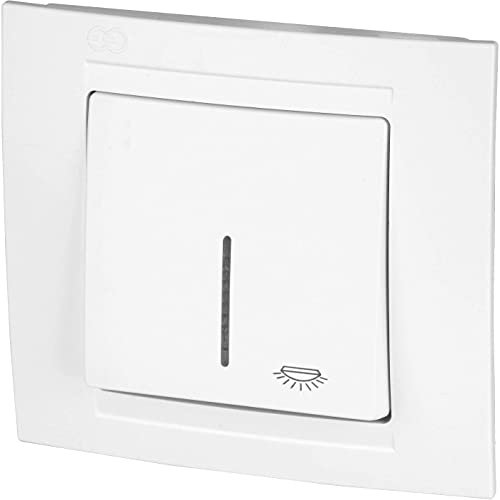 Pulsador de empotrar con símbolo luminoso + iluminación LED – todo en uno – marco + pieza de empotrar + tapa (serie M1 blanco puro)