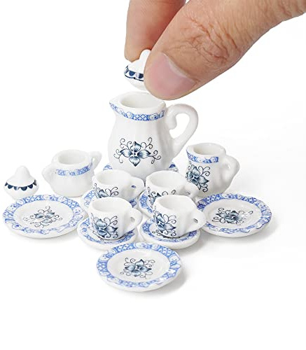 Odoria Miniature 1/12 Service a Thé en Porcelaine Accessoire Maison de Poupée, Pétales Bleus