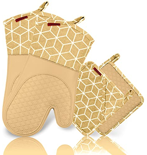 TreuFeld® Premium Ofenhandschuh-Set, Topfhandschuhe 4er-Set 1 Paar und 2 Topflappen Hitzebeständige Silikon und Baumwolle Anti-Rutsch (Beige)