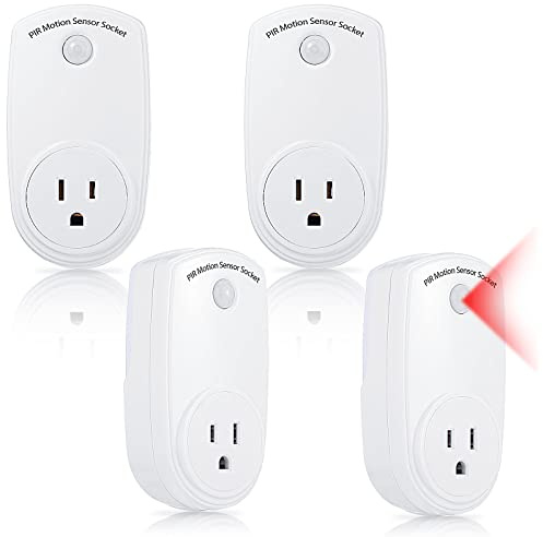 Macarrie 4 Pieces Motion Sensor Sockets Indoor Plug in Sensor Light Control Switch 120 Degrees Motion Activated Detector Plug Outlet for Corridor Garage Patio Aisle Room, 20ft Range, CE Listed
