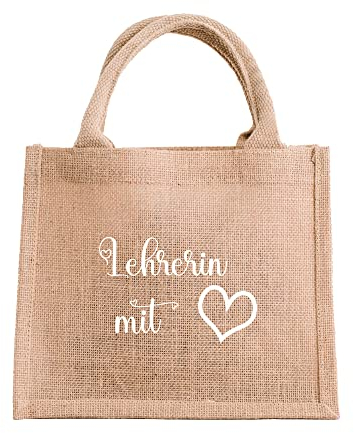 Jutetasche „Lehrerin mit Herz“ – als Dankeschön für die Lehrerin, Abschiedsgeschenk, Mottotasche. (Weiß)