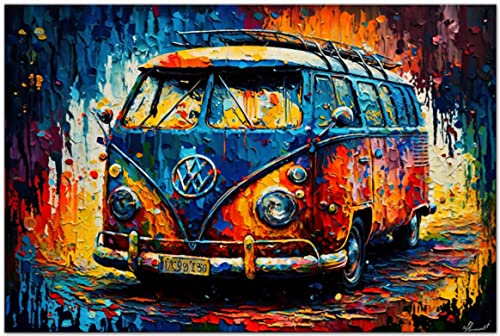 PRINTONIA Leinwand-bild 120x80cm Volkswagen VW-Bus Bulli T1 Transporter Buli Oldtimer Abstrakt Grafik Art Automobil Bilder Deko Dekoration Wandbild Kunstdruck